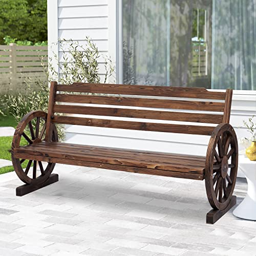 kinbor Wooden Rustic Wagon Wheel Bench, Outdoor Bench Seat, Patio 2-Person Bench with Backrest