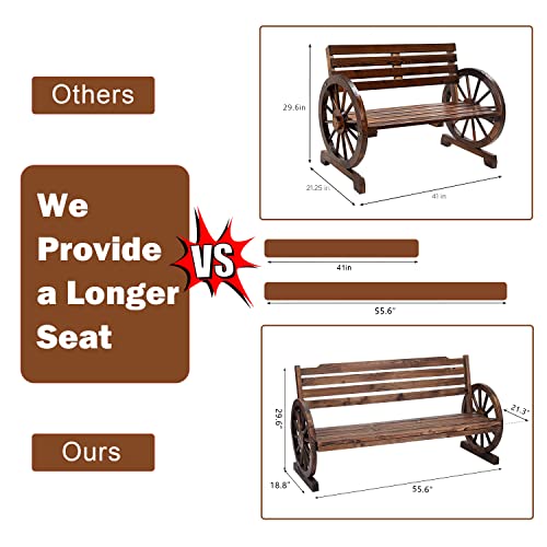 kinbor Wooden Rustic Wagon Wheel Bench, Outdoor Bench Seat, Patio 2-Person Bench with Backrest