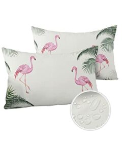 vandarllin outdoor throw pillows covers 12x20 set of 2 waterproof pink flamingo decorative zippered lumbar cushion covers for patio furniture, tropical palm leaf