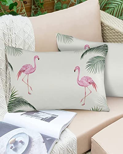 Vandarllin Outdoor Throw Pillows Covers 12X20 Set of 2 Waterproof Pink Flamingo Decorative Zippered Lumbar Cushion Covers for Patio Furniture, Tropical Palm Leaf