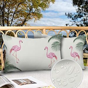 Vandarllin Outdoor Throw Pillows Covers 12X20 Set of 2 Waterproof Pink Flamingo Decorative Zippered Lumbar Cushion Covers for Patio Furniture, Tropical Palm Leaf