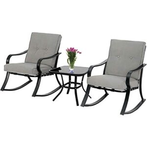 patiomore outdoor 3-piece rocking chairs patio furniture bistro set, black metal chairs and glass-top coffee table with thick cushions, gray