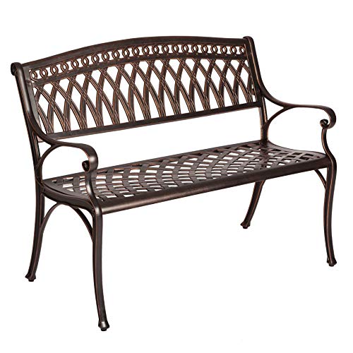 Patio Sense 62441 Simone Cast Aluminum Patio Bench Heavy Duty Rust Free Metal Construction Front Porch, Backyard, Lawn, Garden, Pool, Deck, Outdoors - Antique Bronze Finish