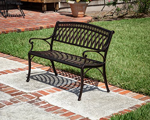 Patio Sense 62441 Simone Cast Aluminum Patio Bench Heavy Duty Rust Free Metal Construction Front Porch, Backyard, Lawn, Garden, Pool, Deck, Outdoors - Antique Bronze Finish