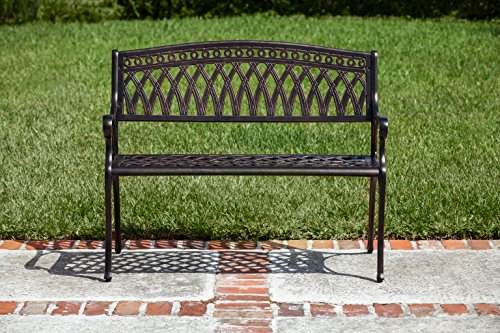 Patio Sense 62441 Simone Cast Aluminum Patio Bench Heavy Duty Rust Free Metal Construction Front Porch, Backyard, Lawn, Garden, Pool, Deck, Outdoors - Antique Bronze Finish