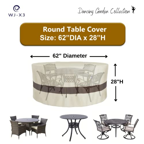 WJ-X3 Round Patio Furniture Cover, 62" D x 28" H, Waterproof, UV Resistant, Anti-Fading Outdoor Cover for Round Dining Table and Chairs Set, Beige & Coffee