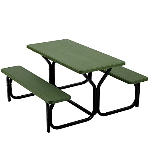 BETELNUT Picnic Table Bench Set Patio Camping Table with All Weather Metal Base and Plastic Table Top Outdoor Dining Garden Deck Furniture (Green)