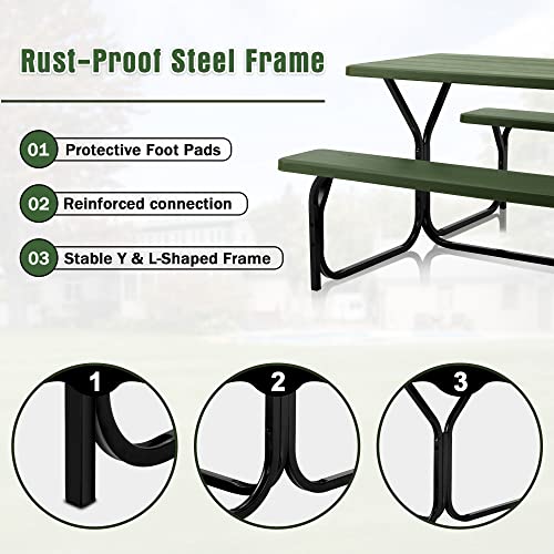 BETELNUT Picnic Table Bench Set Patio Camping Table with All Weather Metal Base and Plastic Table Top Outdoor Dining Garden Deck Furniture (Green)