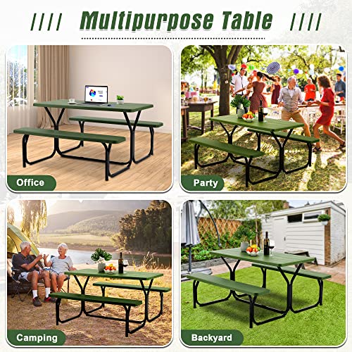 BETELNUT Picnic Table Bench Set Patio Camping Table with All Weather Metal Base and Plastic Table Top Outdoor Dining Garden Deck Furniture (Green)