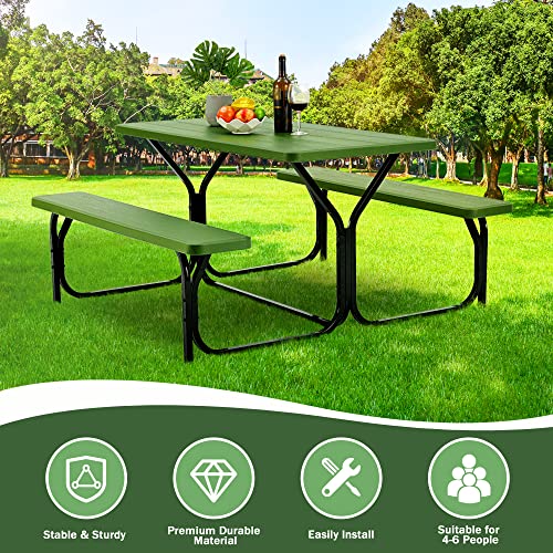 BETELNUT Picnic Table Bench Set Patio Camping Table with All Weather Metal Base and Plastic Table Top Outdoor Dining Garden Deck Furniture (Green)