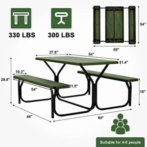 BETELNUT Picnic Table Bench Set Patio Camping Table with All Weather Metal Base and Plastic Table Top Outdoor Dining Garden Deck Furniture (Green)