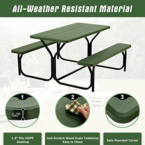 BETELNUT Picnic Table Bench Set Patio Camping Table with All Weather Metal Base and Plastic Table Top Outdoor Dining Garden Deck Furniture (Green)