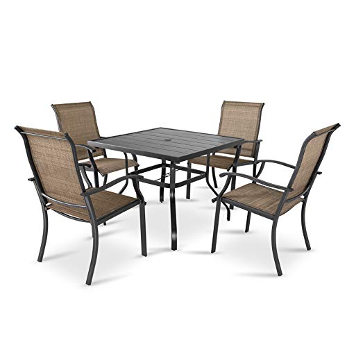 Nuu Garden 5 Piece Patio Dining Set, Indoor Outdoor Dining Table Set for Garden, Backyard / 4 Textilene Dining Chairs and 1 Square Steel Patio Table with Umbrella Hole, Black & Brown