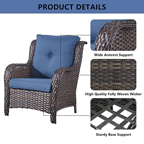 Belord Patio Furniture Conversation Sets 2 Peices Wicker Chairs, Wide Armchair Outdoor Furniture Sets for Porch, Balcony, Backyard, All Weather Brown Wicker Chair with Blue Cushion