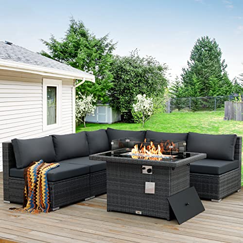 BULEXYARD 6PCS Large Outdoor Patio Furniture Set with Propane Fire Pit Table, High Back Wicker Patio Sectional Furniture PE Rattan Sofa Conversation Sets w/CSA Approved 43" Gas Fire Pit (Dark Grey)