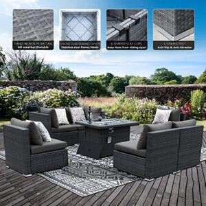 BULEXYARD 6PCS Large Outdoor Patio Furniture Set with Propane Fire Pit Table, High Back Wicker Patio Sectional Furniture PE Rattan Sofa Conversation Sets w/CSA Approved 43" Gas Fire Pit (Dark Grey)