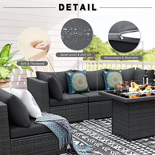 BULEXYARD 6PCS Large Outdoor Patio Furniture Set with Propane Fire Pit Table, High Back Wicker Patio Sectional Furniture PE Rattan Sofa Conversation Sets w/CSA Approved 43" Gas Fire Pit (Dark Grey)