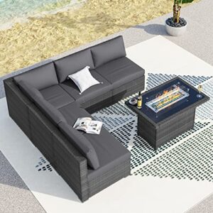 BULEXYARD 6PCS Large Outdoor Patio Furniture Set with Propane Fire Pit Table, High Back Wicker Patio Sectional Furniture PE Rattan Sofa Conversation Sets w/CSA Approved 43" Gas Fire Pit (Dark Grey)