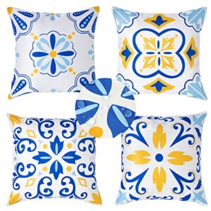 cygnus outdoor pillow covers 18×18 waterproof patio pillows boho flower and colorful stripe summer outside pillows for funiture garden picnic set of 4,blue and yellow