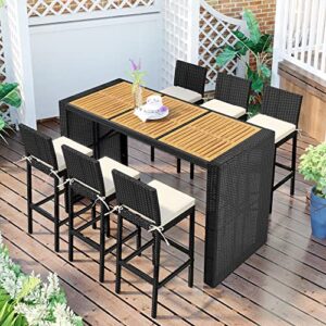 outdoor patio 7-piece rattan dining table set, pe wicker bar furniture set with wood tabletop and 6 dining chairs for backyard, garden(black2-7pcs)