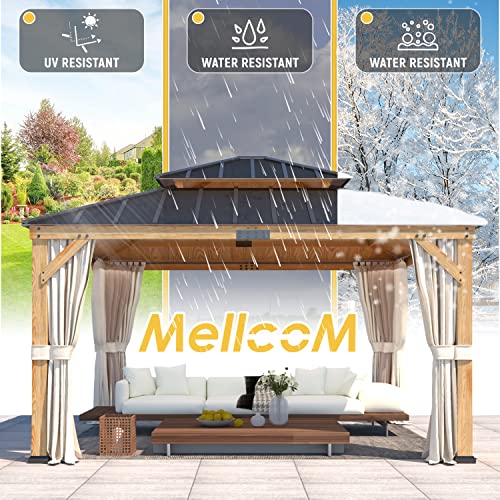 MELLCOM 13' x 15' Asphalt Hardtop Gazebo, Spruce Wood Double Roof Gazebo with Curtains and Meshes, Canopy Gazebo with Waterproof Coated Wood Frame for Patios, Gardens, Lawns, and Backyards