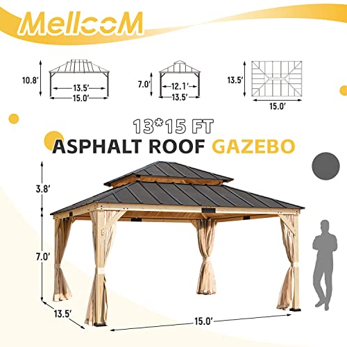 MELLCOM 13' x 15' Asphalt Hardtop Gazebo, Spruce Wood Double Roof Gazebo with Curtains and Meshes, Canopy Gazebo with Waterproof Coated Wood Frame for Patios, Gardens, Lawns, and Backyards