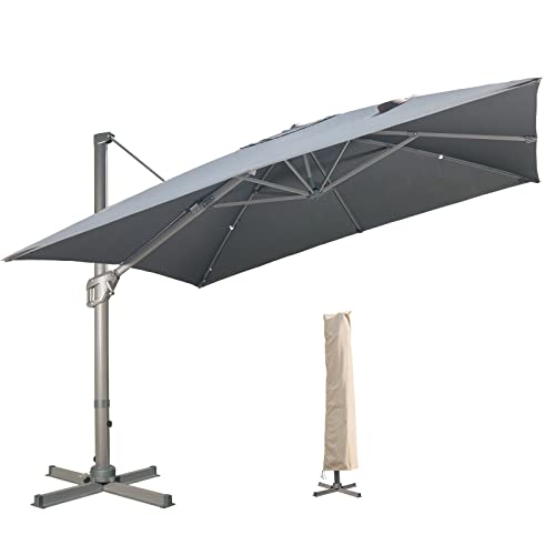 LKINBO 10X10FT Cantilever Umbrella Outdoor Umbrellas Large Patio Umbrella Windproof Offset Umbrella Heavy Duty Hanging Sun Umbrella With Cross Base for Garden Deck Pool Beach Market,Grey