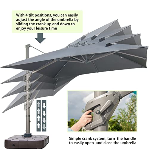 LKINBO 10X10FT Cantilever Umbrella Outdoor Umbrellas Large Patio Umbrella Windproof Offset Umbrella Heavy Duty Hanging Sun Umbrella With Cross Base for Garden Deck Pool Beach Market,Grey