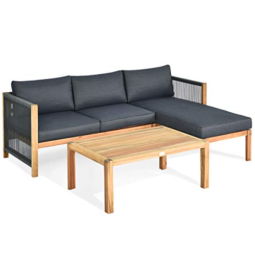 Giantex 3 Piece Outdoor Patio Furniture Set, Acacia Wood Sectional Sofa w/Seat Cushions, Wooden Conversation Seat Couches and Coffee Table, Cushioned Garden Sofa Set for Outdoor Indoor (Grey)