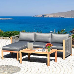 Giantex 3 Piece Outdoor Patio Furniture Set, Acacia Wood Sectional Sofa w/Seat Cushions, Wooden Conversation Seat Couches and Coffee Table, Cushioned Garden Sofa Set for Outdoor Indoor (Grey)