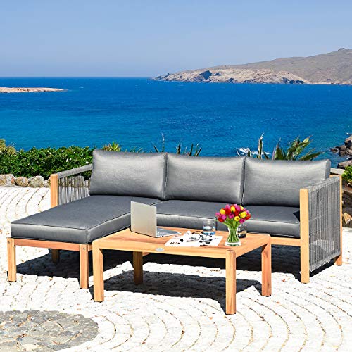 Giantex 3 Piece Outdoor Patio Furniture Set, Acacia Wood Sectional Sofa w/Seat Cushions, Wooden Conversation Seat Couches and Coffee Table, Cushioned Garden Sofa Set for Outdoor Indoor (Grey)