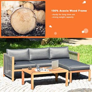 Giantex 3 Piece Outdoor Patio Furniture Set, Acacia Wood Sectional Sofa w/Seat Cushions, Wooden Conversation Seat Couches and Coffee Table, Cushioned Garden Sofa Set for Outdoor Indoor (Grey)