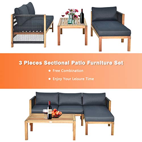 Giantex 3 Piece Outdoor Patio Furniture Set, Acacia Wood Sectional Sofa w/Seat Cushions, Wooden Conversation Seat Couches and Coffee Table, Cushioned Garden Sofa Set for Outdoor Indoor (Grey)