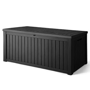 jummico 150 gallon resin deck box larage outdoor storage box waterproof uv resistant lockable storage container for patio furniture, toys, cushions, garden tools (black)