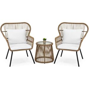 barton 3 pieces bistro chair set w/glass table beige outdoor patio furniture wicker rattan modern conversation chat seating