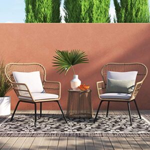 Barton 3 Pieces Bistro Chair Set w/Glass Table Beige Outdoor Patio Furniture Wicker Rattan Modern Conversation Chat Seating