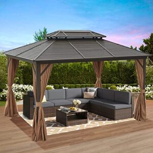 noblemood 10’ x 13’ hardtop gazebo with curtains and netting, double roof outdoor gazebo with canopy, aluminum frame permanent gazebo for patio garden