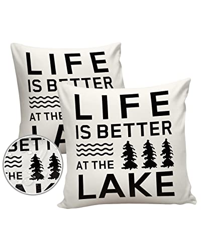 Outdoor Waterproof Pillow Covers for Patio Furniture Life is Better at The Lake Decorative Throw Pillow Cover Plants Living Quote Pillowcases Set of 2 Cushion Case for Sofa Couch Chair 18 x 18 in