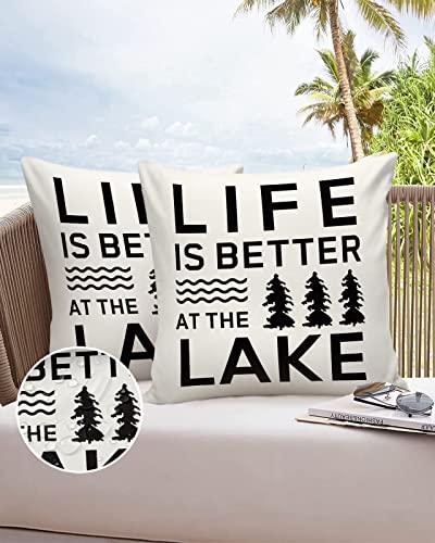 Outdoor Waterproof Pillow Covers for Patio Furniture Life is Better at The Lake Decorative Throw Pillow Cover Plants Living Quote Pillowcases Set of 2 Cushion Case for Sofa Couch Chair 18 x 18 in