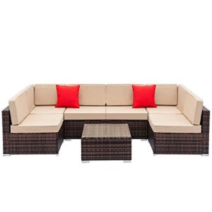 7 pieces patio furniture sets all-weather outdoor sectional sofa manual weaving wicker rattan patio conversation set with cushion and glass table (beige)
