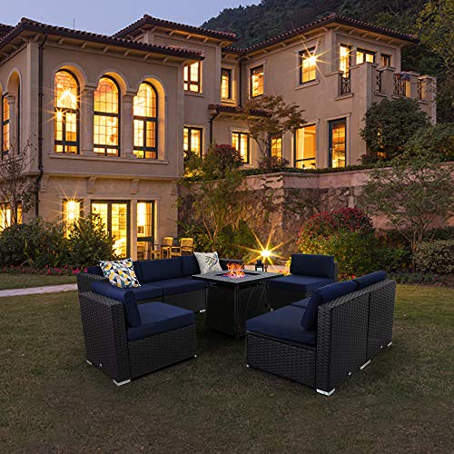 PHI VILLA 9 Pieces Patio Furniture Set with Fire Pit Rattan Sectional Sofa Set Outdoor Wicker Patio Conversation Sets with Coffee Table, CSA Approved Gas Fire Pit Table(28 Inch, Navy Blue)