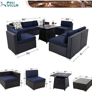 PHI VILLA 9 Pieces Patio Furniture Set with Fire Pit Rattan Sectional Sofa Set Outdoor Wicker Patio Conversation Sets with Coffee Table, CSA Approved Gas Fire Pit Table(28 Inch, Navy Blue)