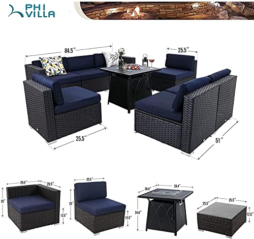 PHI VILLA 9 Pieces Patio Furniture Set with Fire Pit Rattan Sectional Sofa Set Outdoor Wicker Patio Conversation Sets with Coffee Table, CSA Approved Gas Fire Pit Table(28 Inch, Navy Blue)