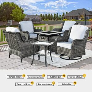 HOOOWOOO Outdoor Patio Furniture Set with Fire Pit Table,6 Pieces Outdoor Conversation Set with Swivel Rocking Chair,Firepit Table and Side Table,High Back Wicker Chairs Patio Set,Gray