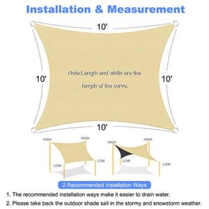 Amazmic Sun Shade Sail Rectangle 10'x10' UV Block Waterproof Canopy Outdoor Activities Patio/Garden/Backyard/Swimming Pools/Carports, Beige