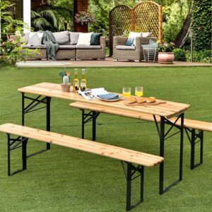 generic renatone 70in 3pcs folding picnic table set, wooden top beer table for patio outdoor garden use, no assemble required