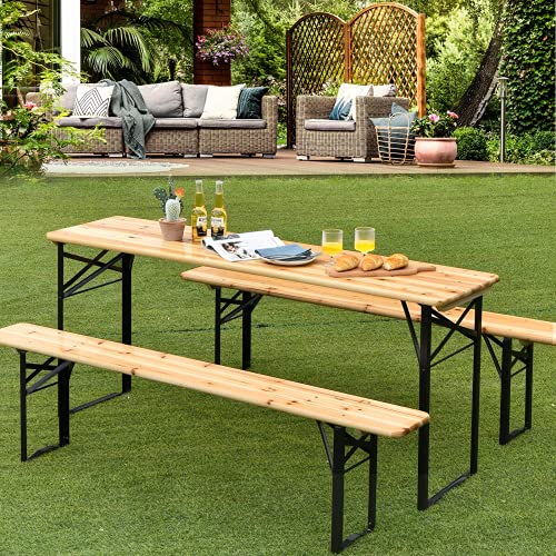 Generic Renatone 70in 3pcs Folding Picnic Table Set, Wooden Top Beer Table for Patio Outdoor Garden Use, No Assemble Required