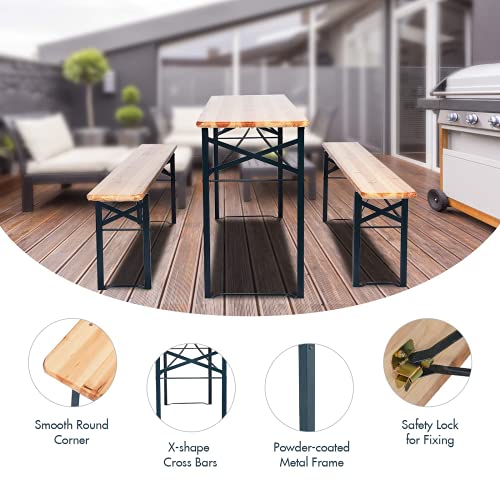 Generic Renatone 70in 3pcs Folding Picnic Table Set, Wooden Top Beer Table for Patio Outdoor Garden Use, No Assemble Required