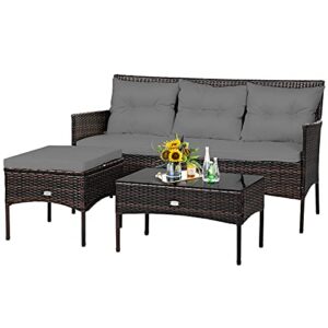 tangkula 3 pieces patio conversation set, outdoor pe rattan wicker furniture set w/cozy cushions, all weather sectional sofa set w/tempered glass coffee table for poolside, backyard, garden (gray)