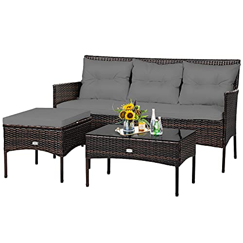 Tangkula 3 Pieces Patio Conversation Set, Outdoor PE Rattan Wicker Furniture Set W/Cozy Cushions, All Weather Sectional Sofa Set W/Tempered Glass Coffee Table for Poolside, Backyard, Garden (Gray)